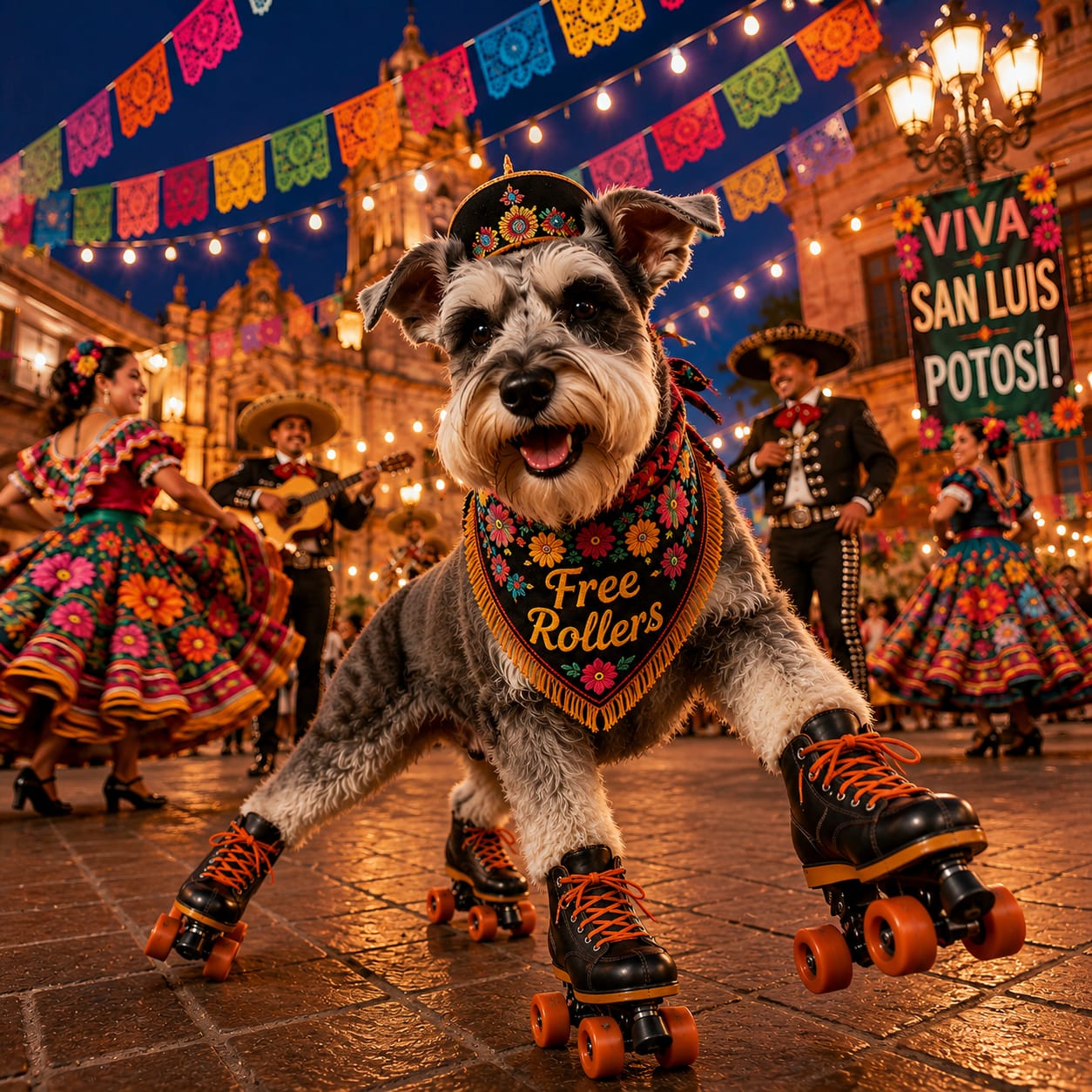 Perro de Free Rollers patinando durante una fiesta mexicana en San Luis Potosí
